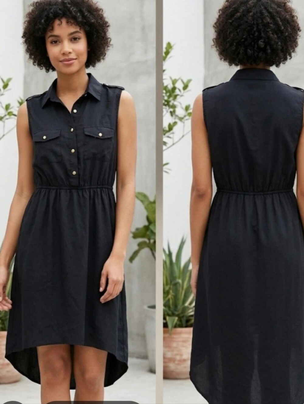 bloom Black Sleeveless High-Low Shirt Dress with Gold Buttons and Epaulets